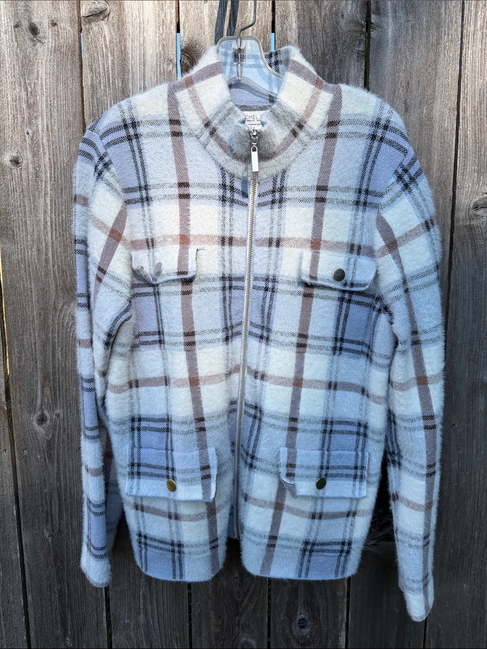 Rachel Zoe Plaid Teddy Jacket in Cream, Brown and Gray